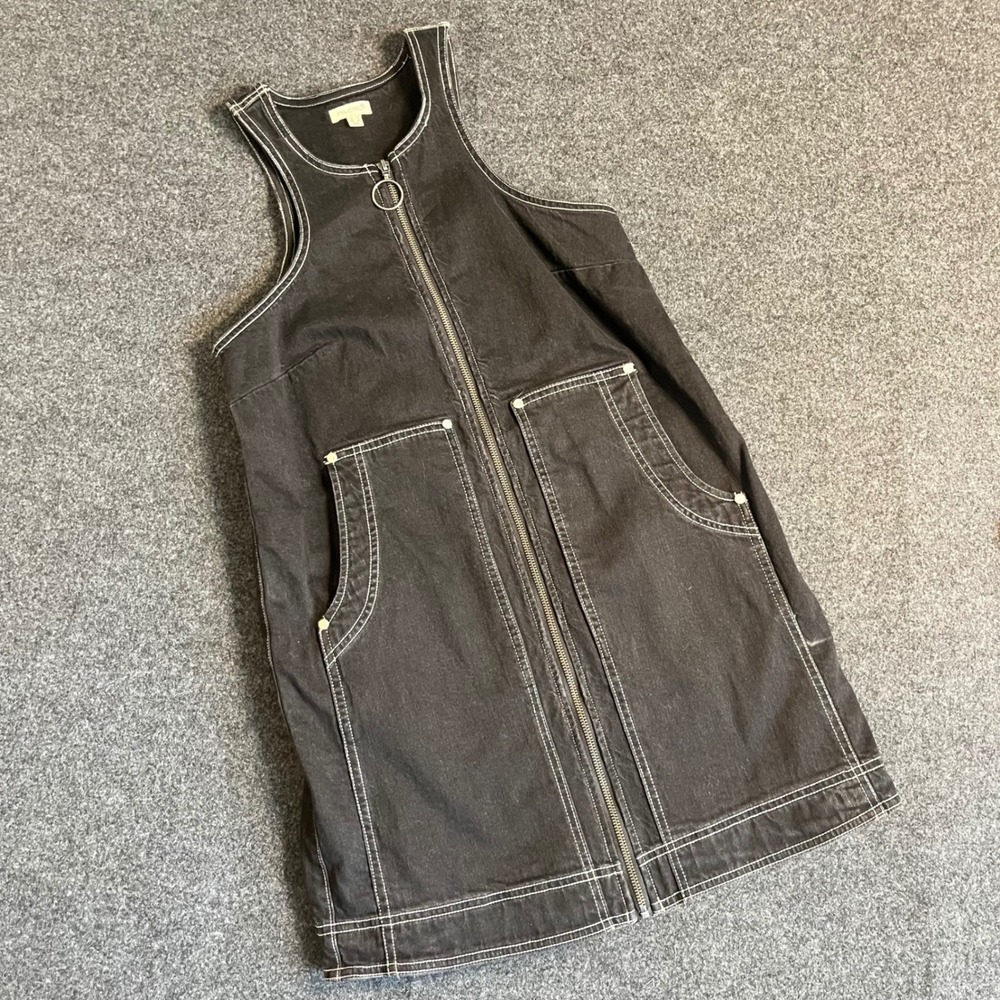 Pilcro Anthropologie Black Denim‎ Contrast Stitch Zip Front Mini Dress Size 2